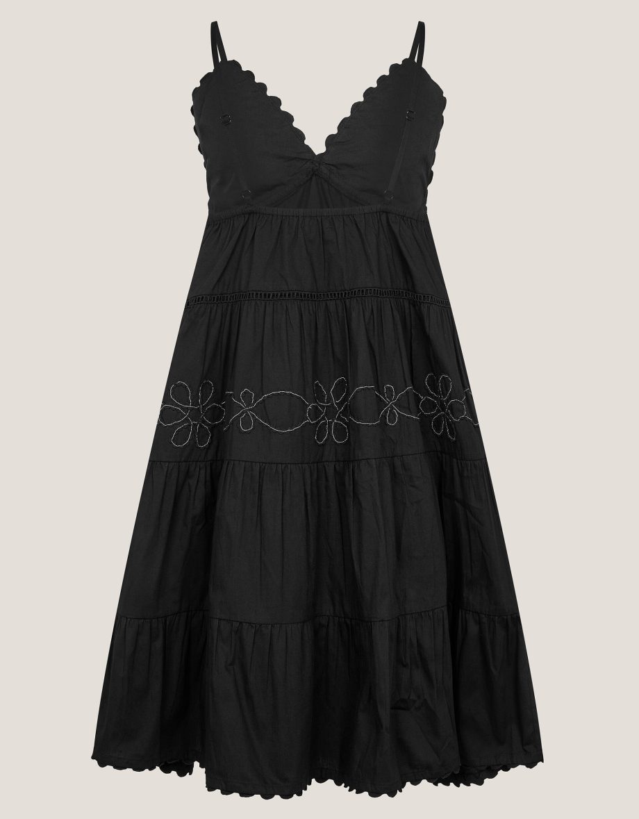 Floral embroidered tier dress black