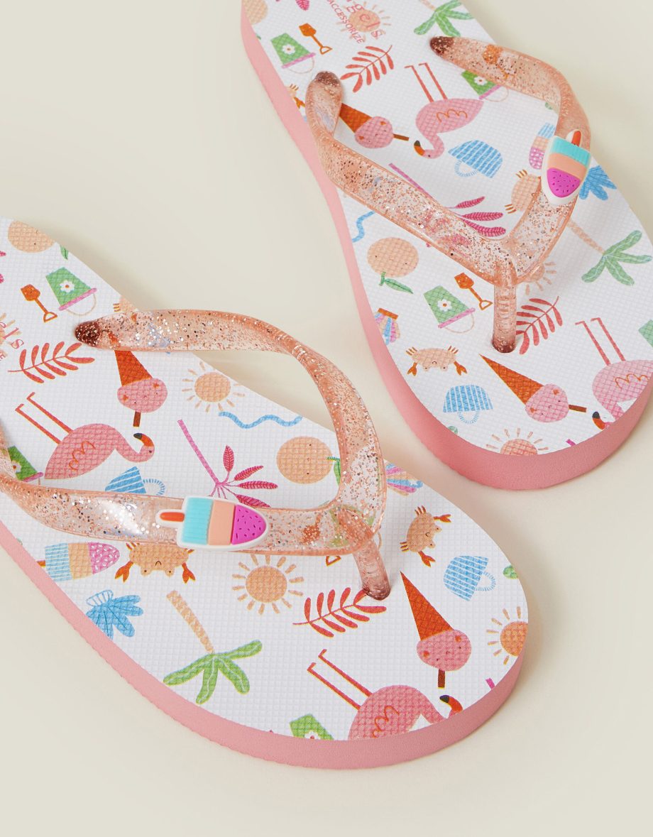 Girls Beach Print Glitter Flip Flops Multi