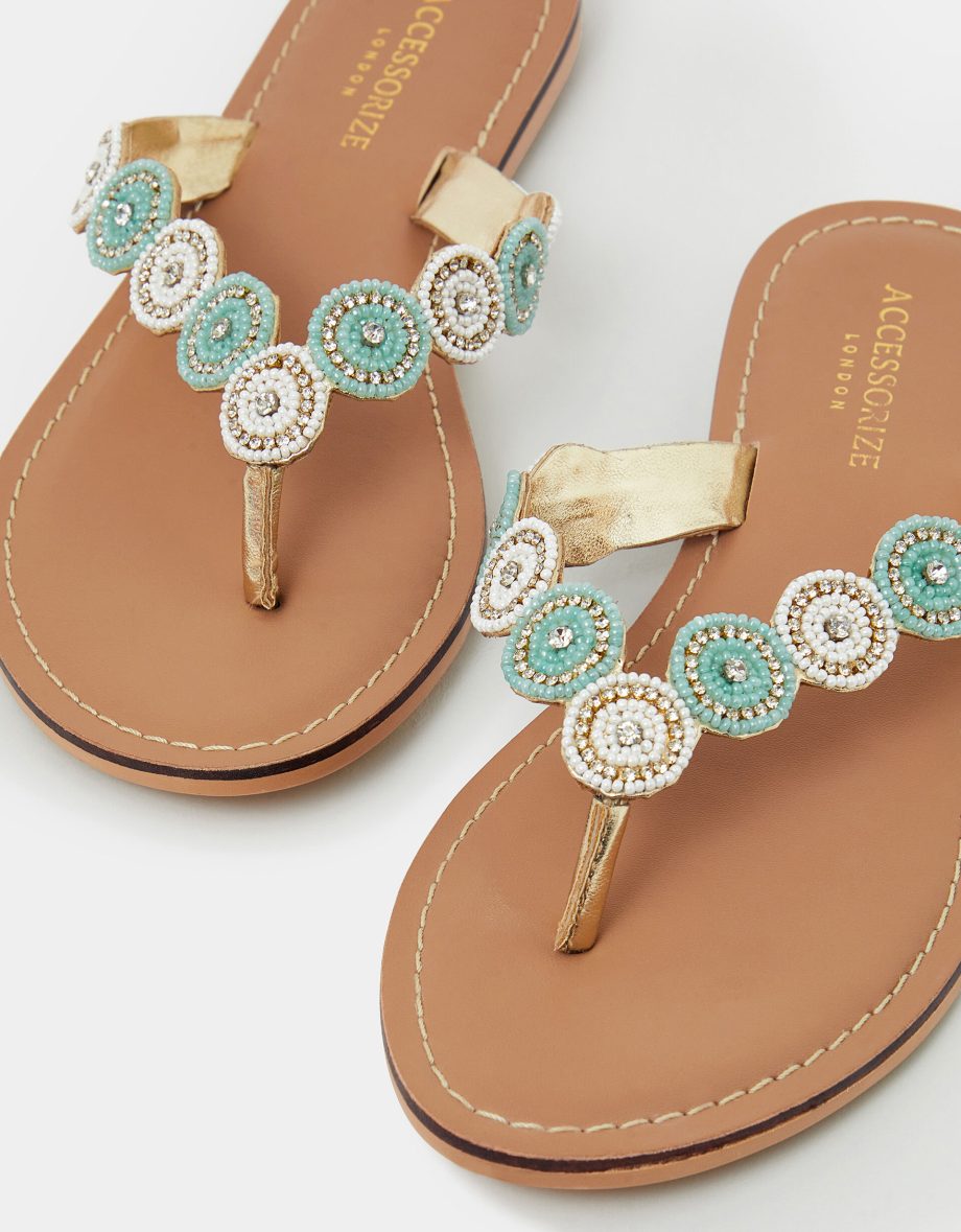 Beaded Circle Flip Flops White
