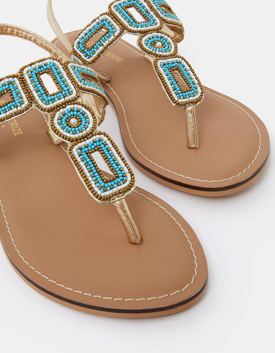 BEADED GEOMETRIC STRAP SANDALS BLUE
