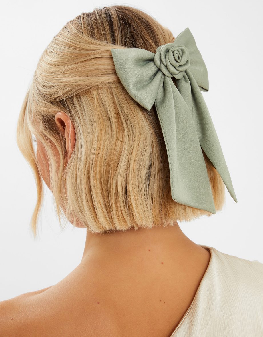 Corsage Bow Barrette Hair Clip Green