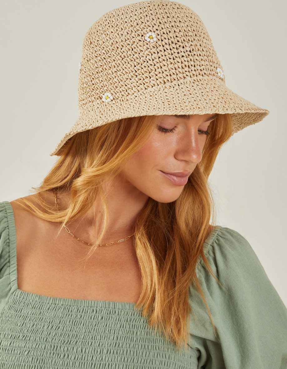 Daisy Embellished Woven Bucket Hat