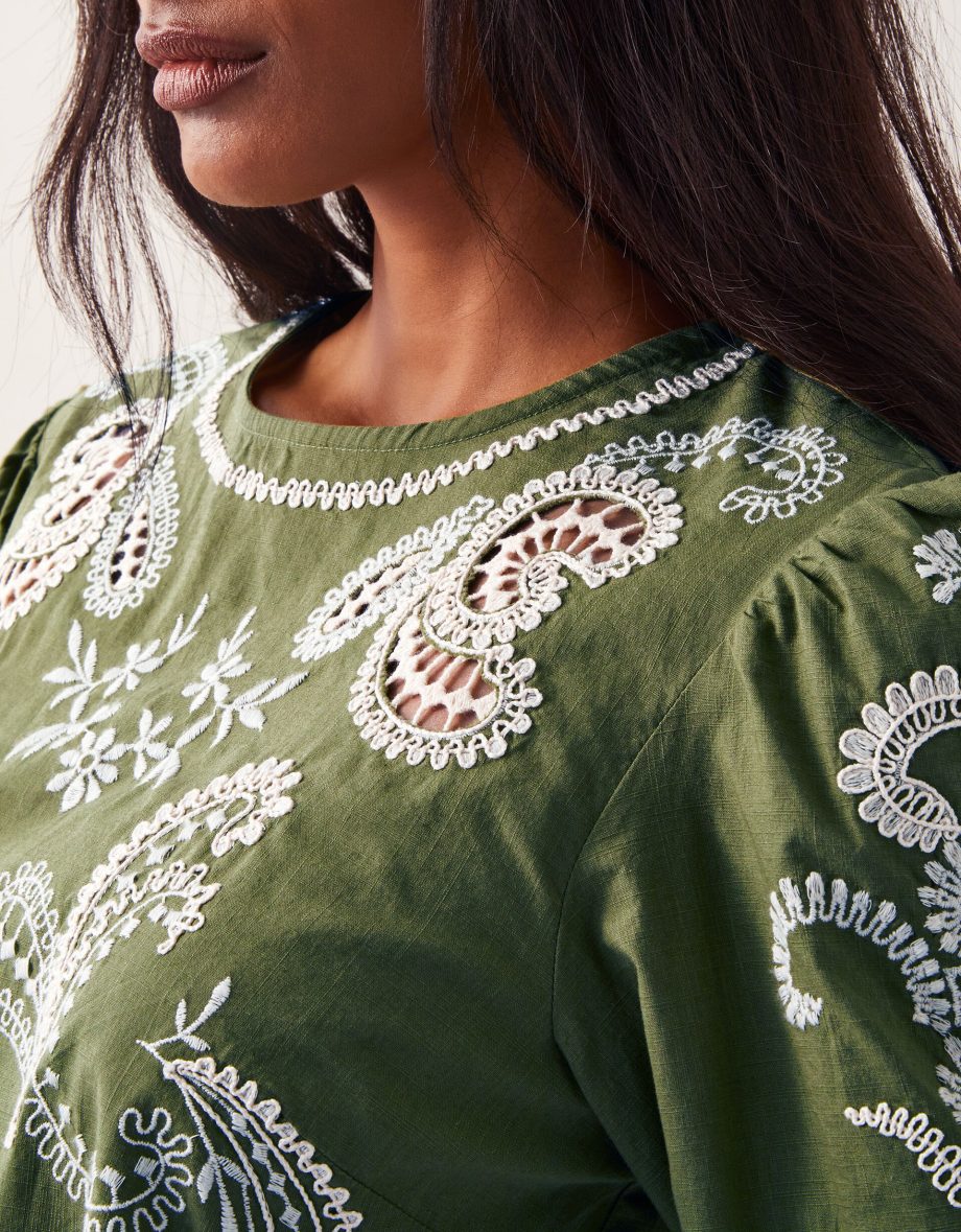 Noemi Embroidered Cotton Top Green