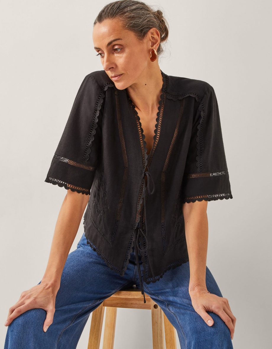 Hayley embroidered linen blend tie top black
