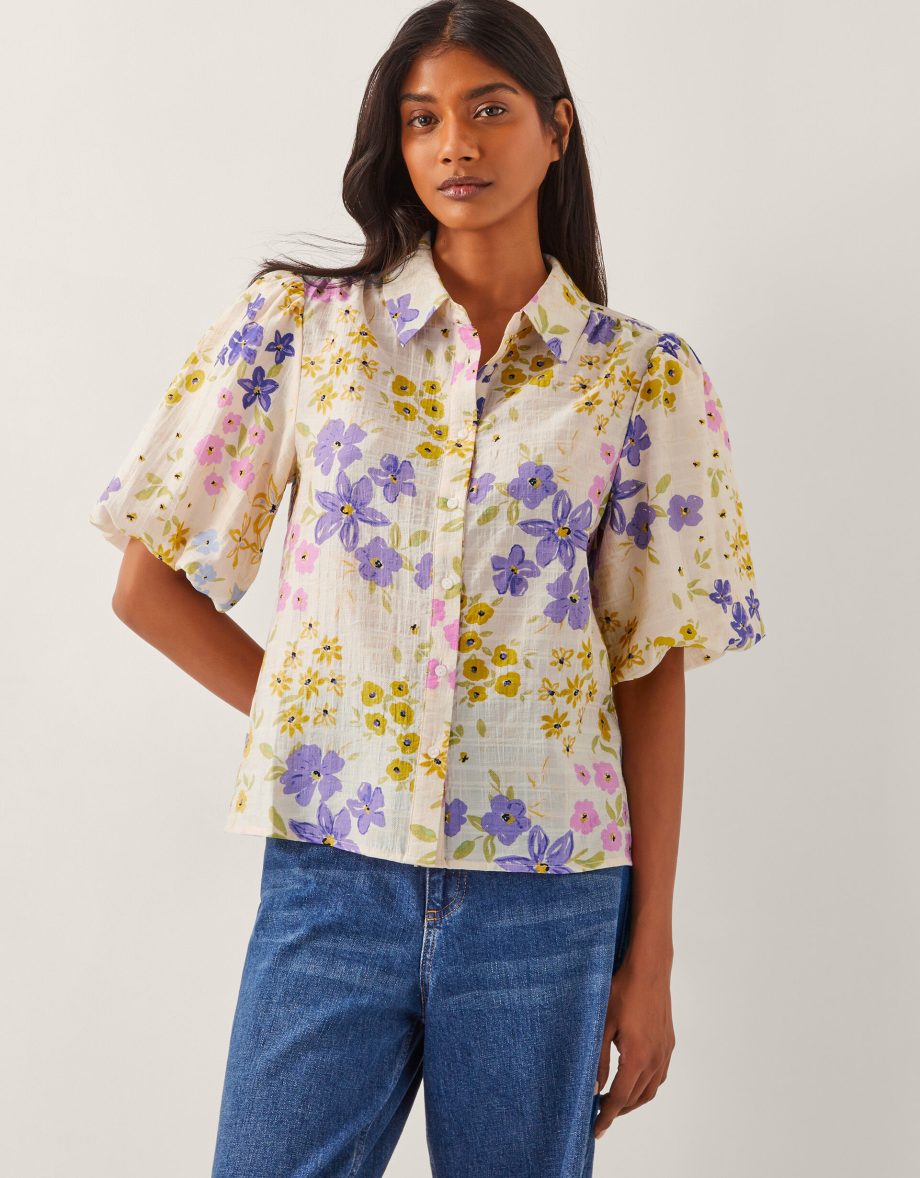 Madeline floral puff-sleeve shirt ivory