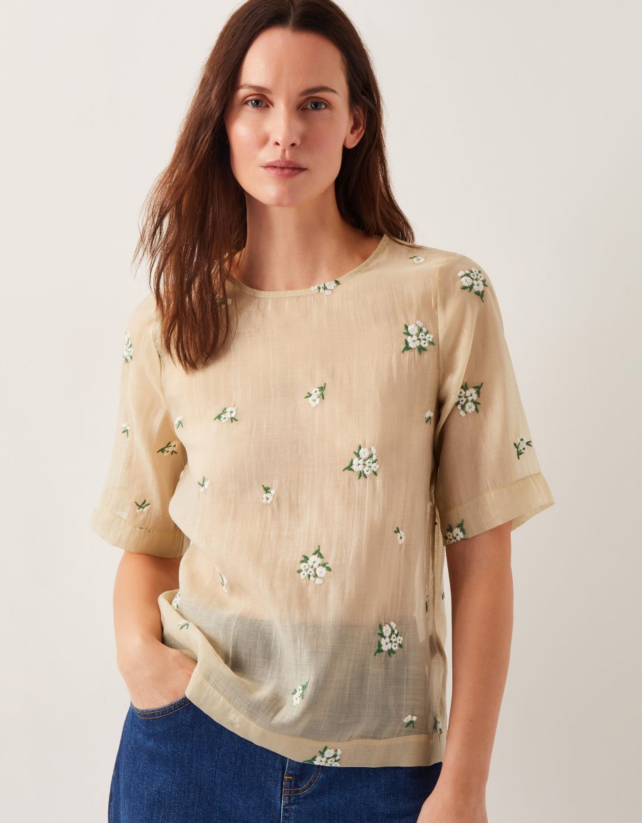 Sacha Short-Sleeve Embroidered Top Gold