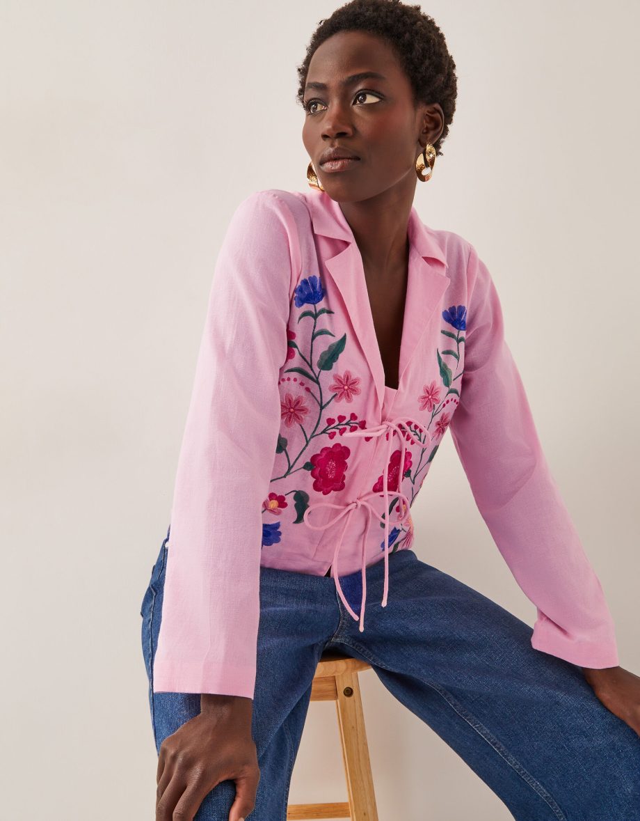 Agata Embroidered Tie Top Pink