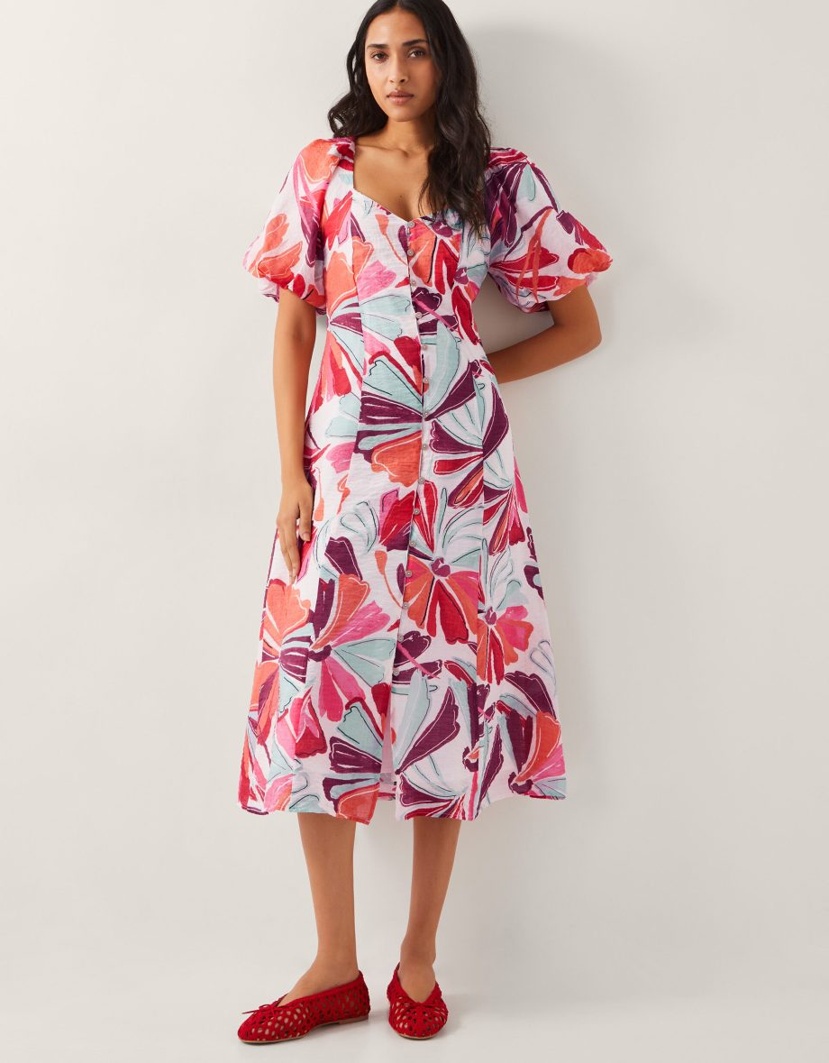 Elana floral puff-sleeve midi dress ivory