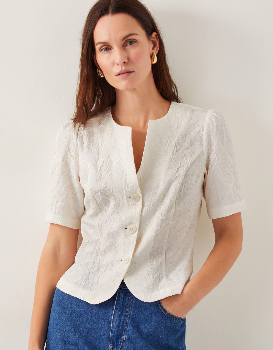 Eliza short sleeve jacquard top ivory
