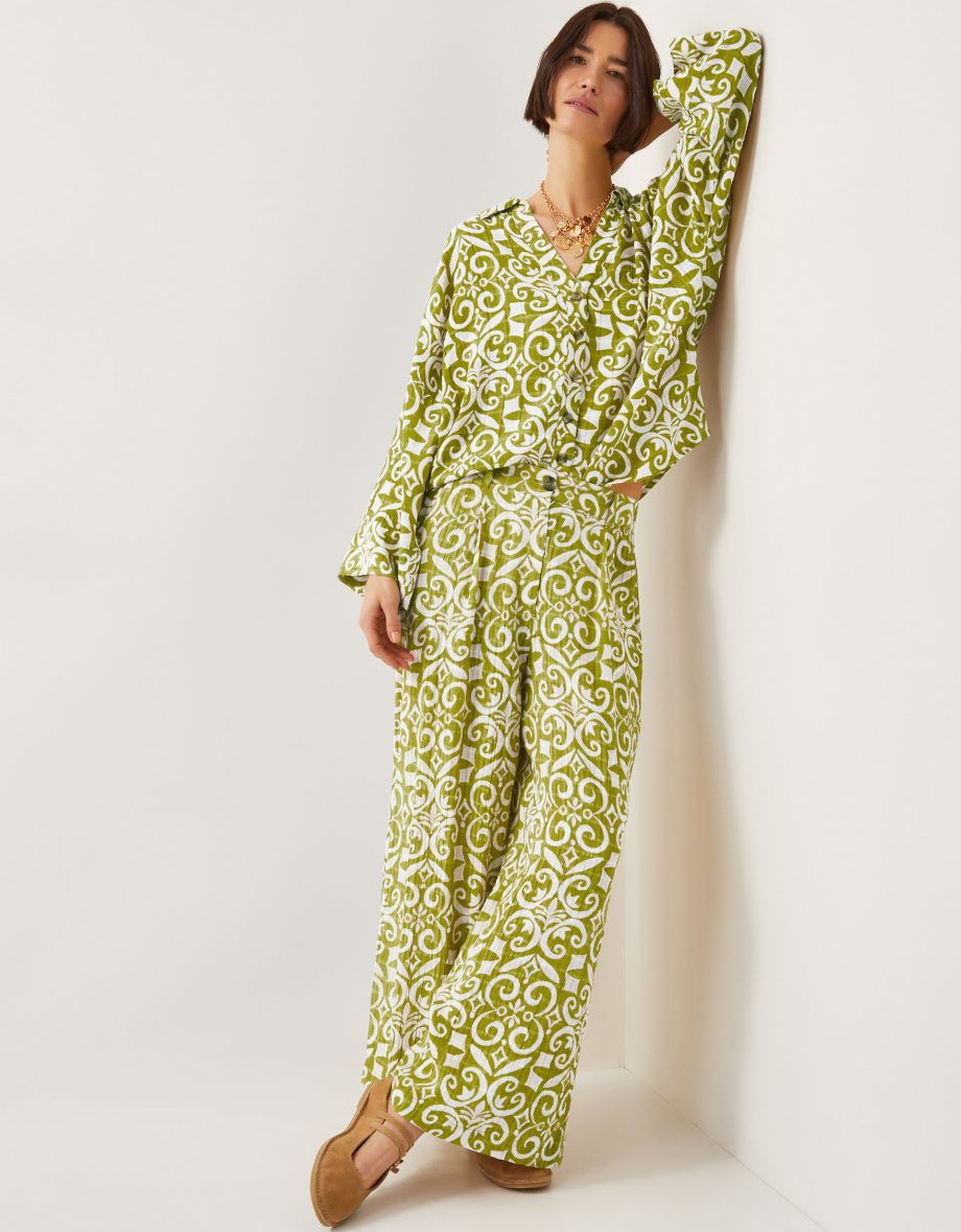 Trinny Hand-Screen Print Wide Leg Trousers Green