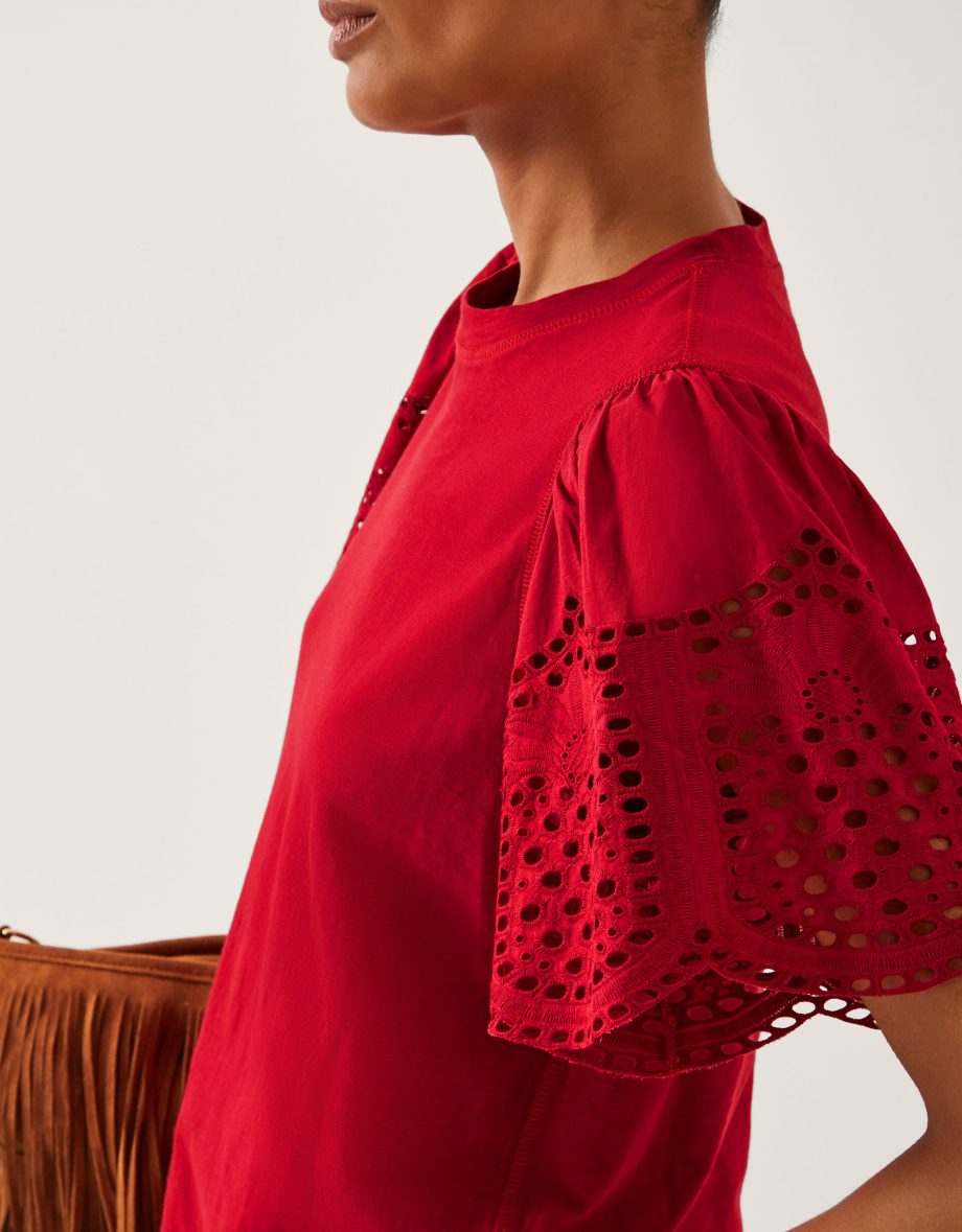 Bel Broderie Sleeve T-Shirt Red