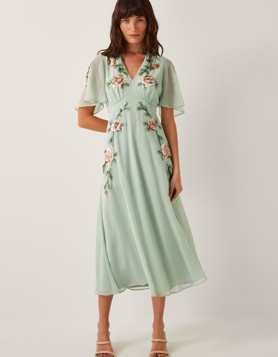 Cora Embellished Floral Midi Dress Green