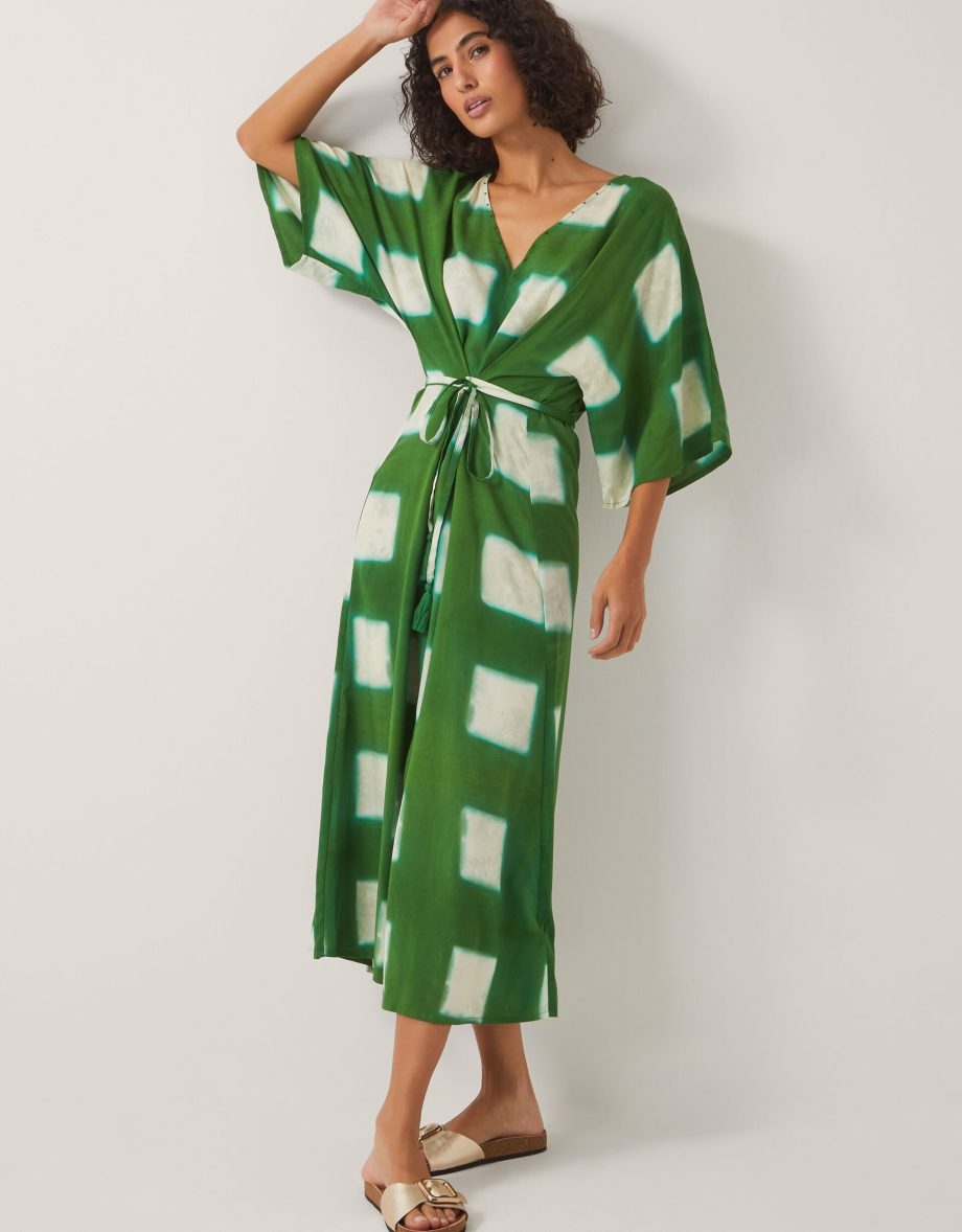 Halia geometric tie dye kaftan dress green