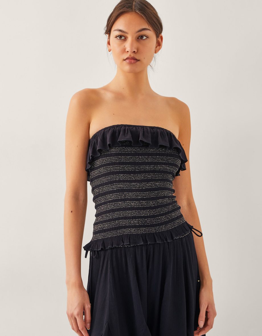 Heidi Smocked Ruffle Bandeau Top Black