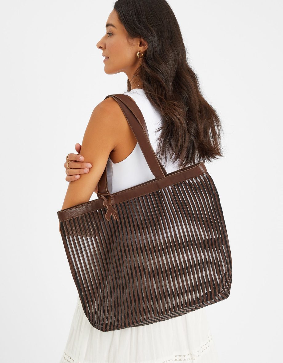MESH STRIPE SHOPPER BAG BROWN