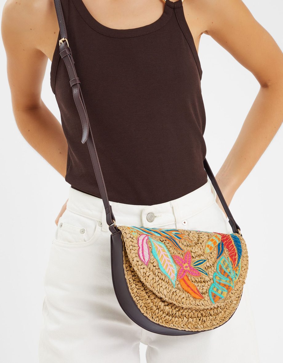 EMBROIDERED RAFFIA CROSSBODY BAG