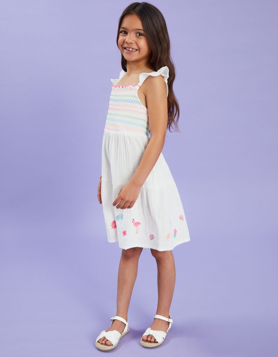 Girls Floral Embroidered Dress White