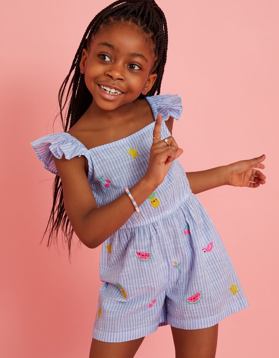 GIRLS EMBROIDERED STRIPE PLAYSUIT BLUE
