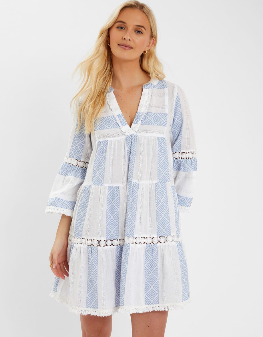 JACQUARD FLUTE-SLEEVE MINI DRESS IVORY