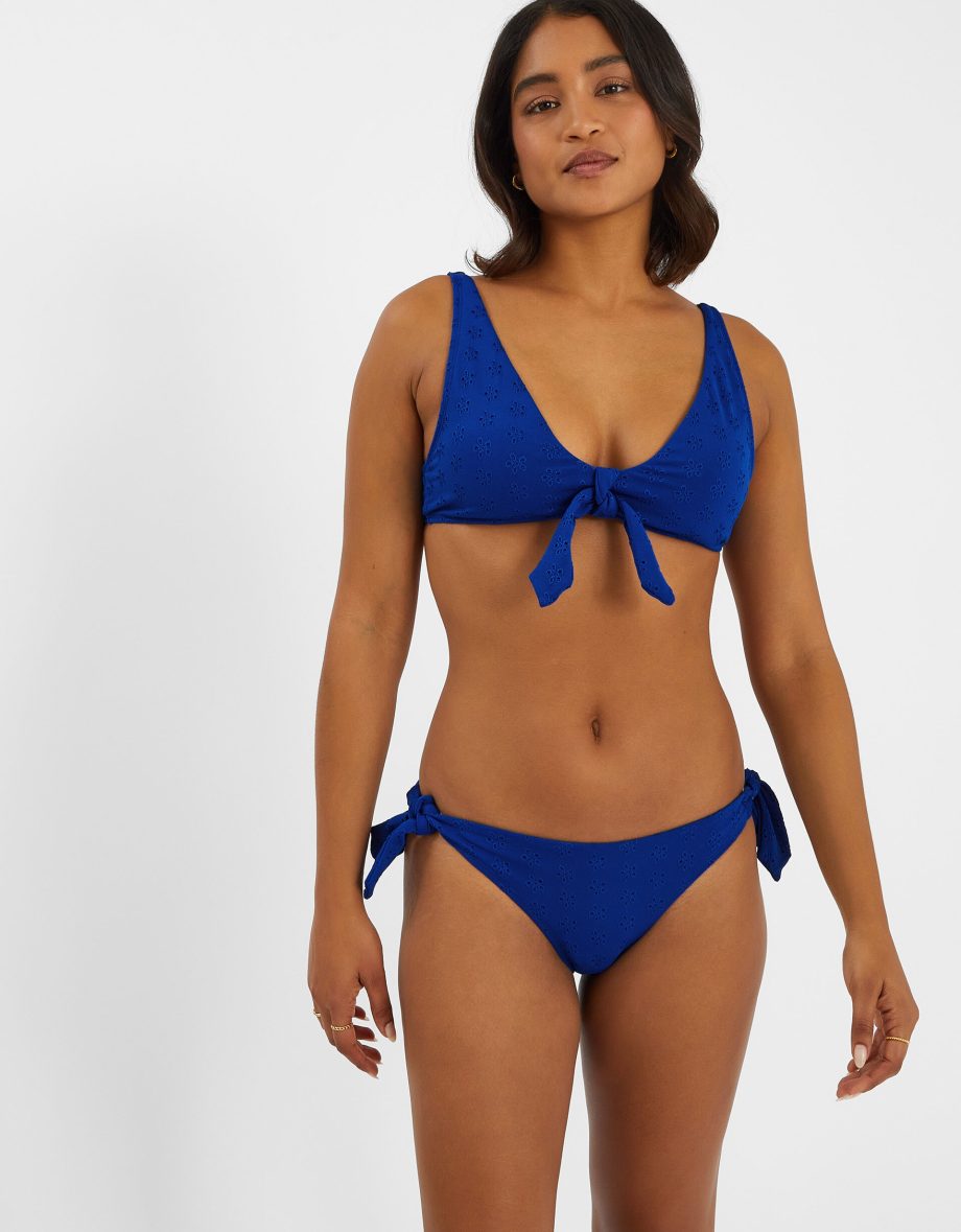 Floral Broderie Tie Bikini Bottoms Blue