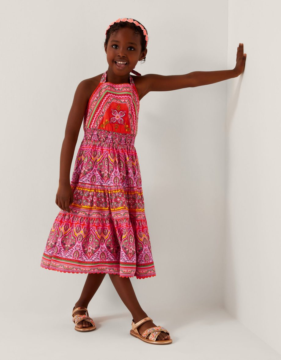 Heritage print halter dress orange