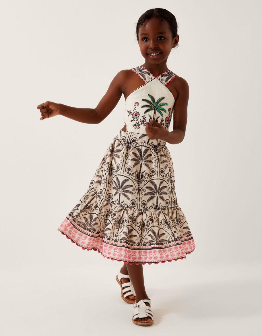 Palm Print Embellished Halter Dress Ivory
