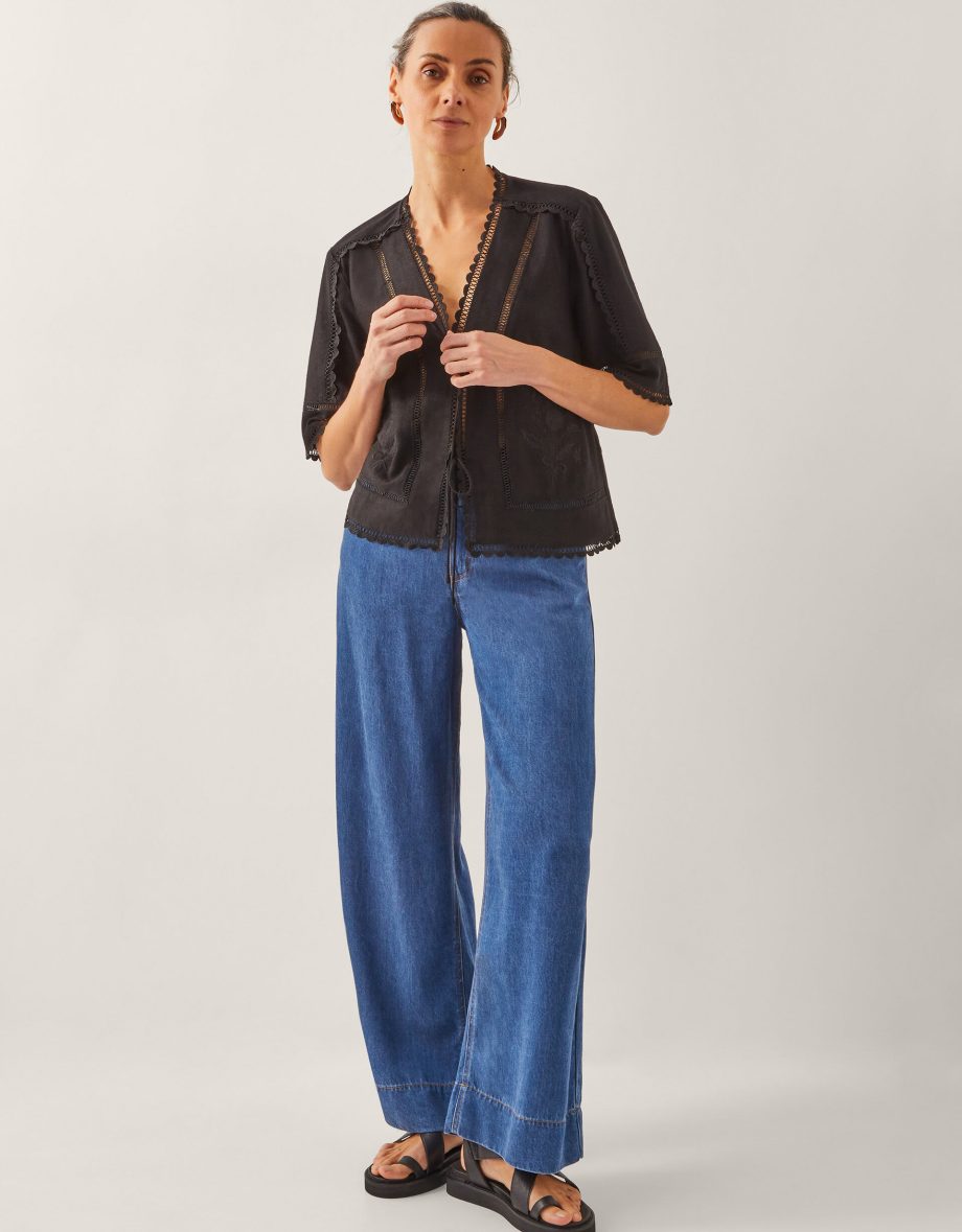Hayley embroidered linen blend tie top black