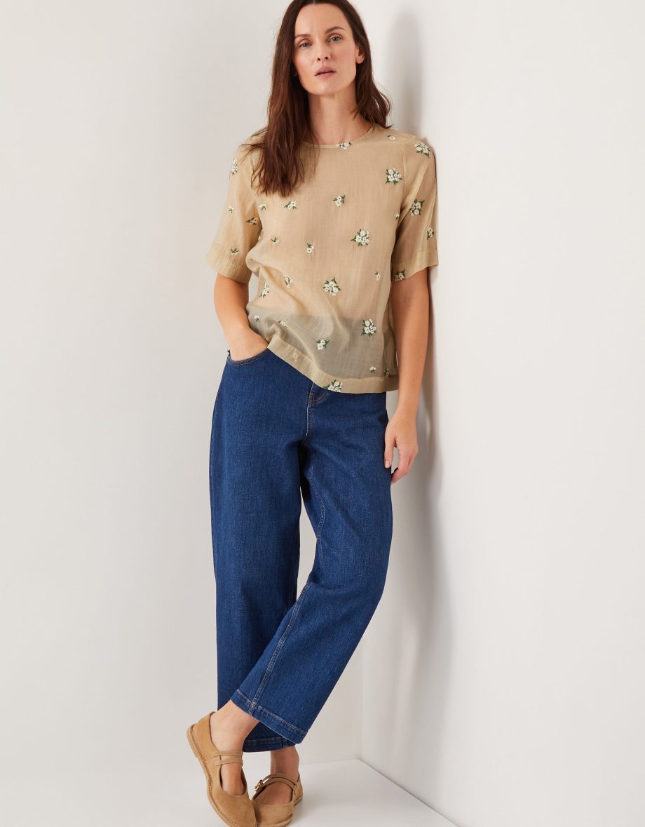 Sacha Short-Sleeve Embroidered Top Gold