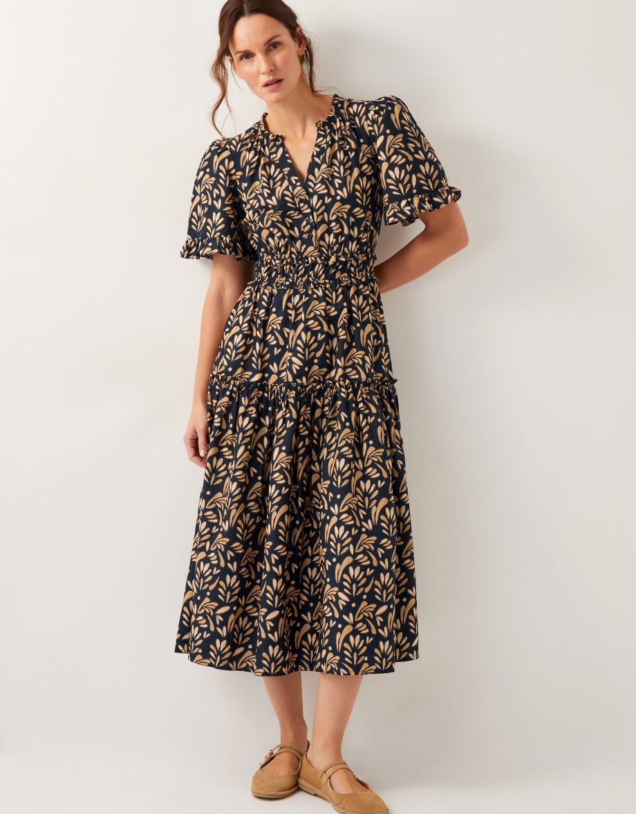 Bryony leaf print midi dress black
