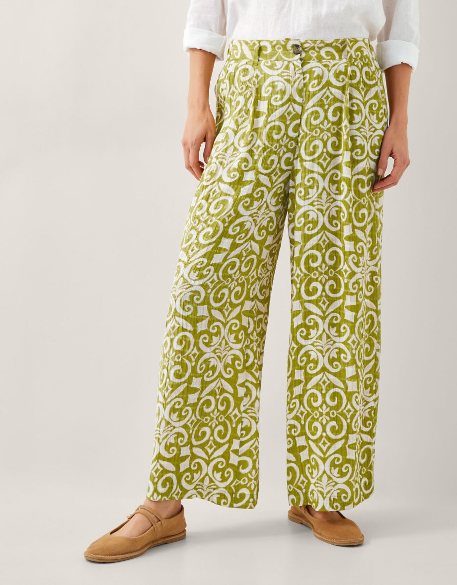 Trinny Hand-Screen Print Wide Leg Trousers Green