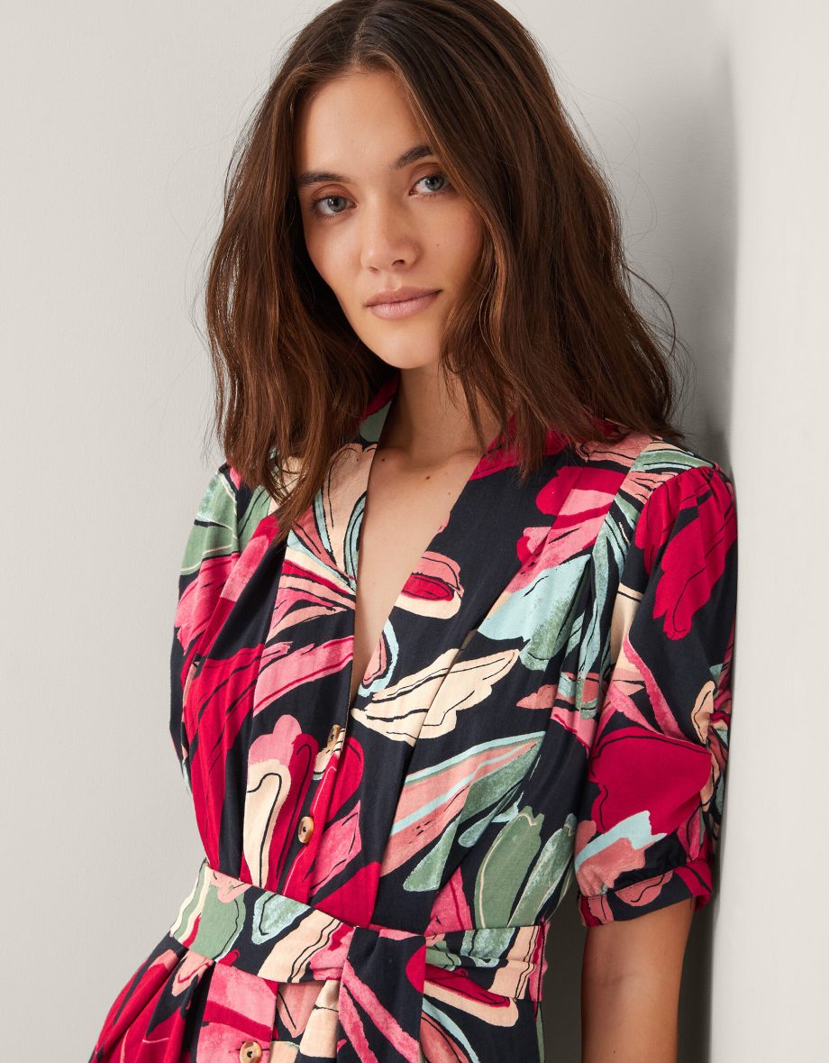 Jemima Floral Midi Shirt Dress Red