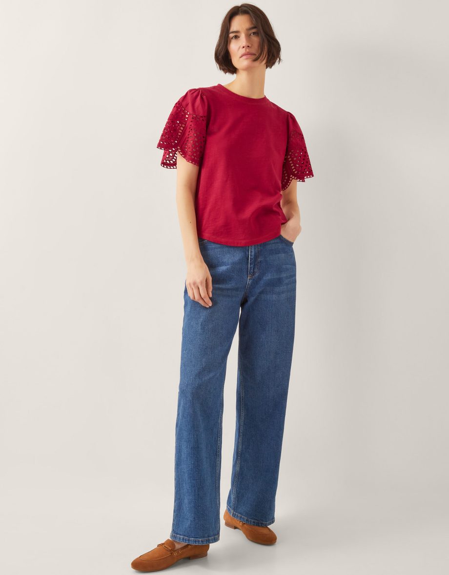 Bel Broderie Sleeve T-Shirt Red