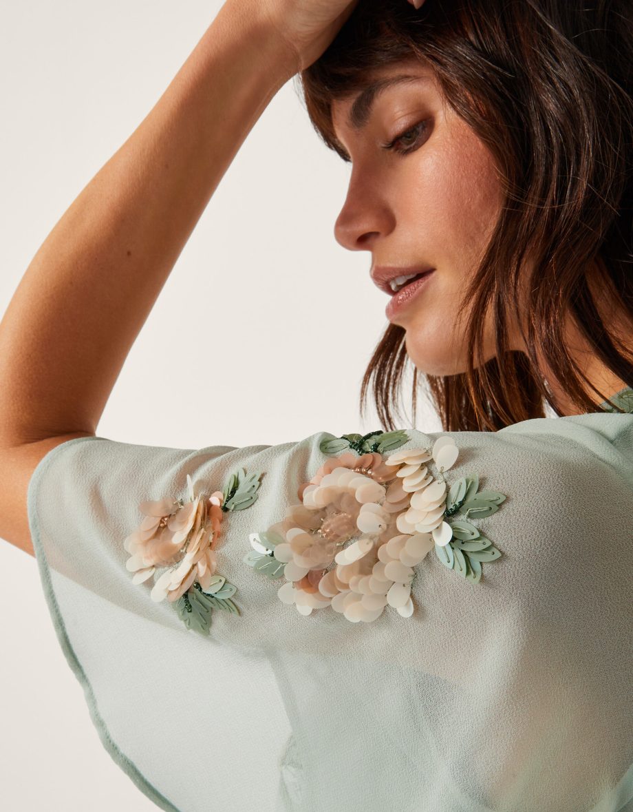 Cora Embellished Floral Midi Dress Green