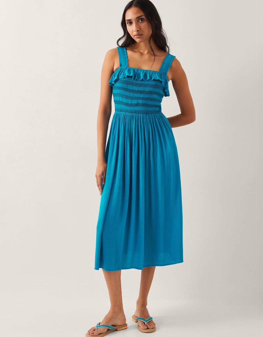 Salma Smocked Sleeveless Midi Dress Blue
