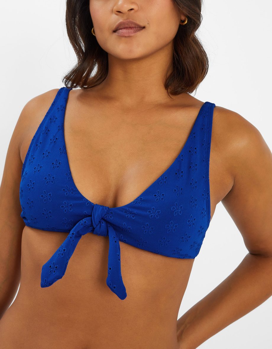FLORAL BRODERIE TIE-FRONT BIKINI TOP BLUE