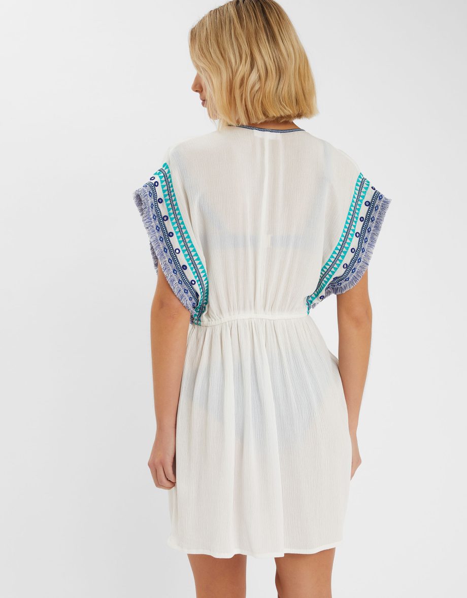 Embroidered Fringe Mini Kaftan White