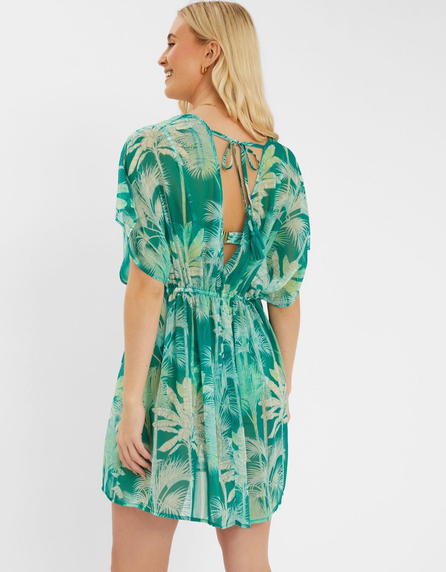 PALM PRINT CHIFFON MINI KAFTAN GREEN