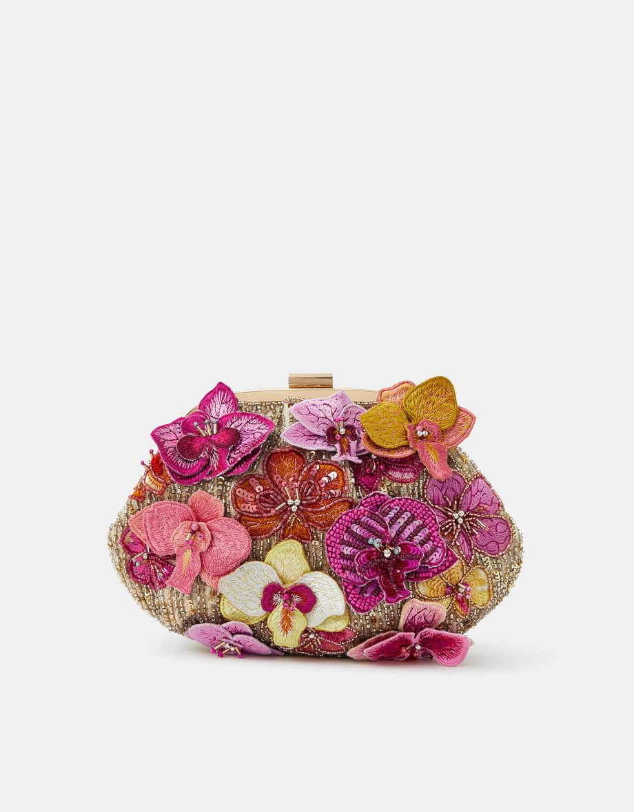 3D FLOWER EMBELLISHED CLUTCH BAG
