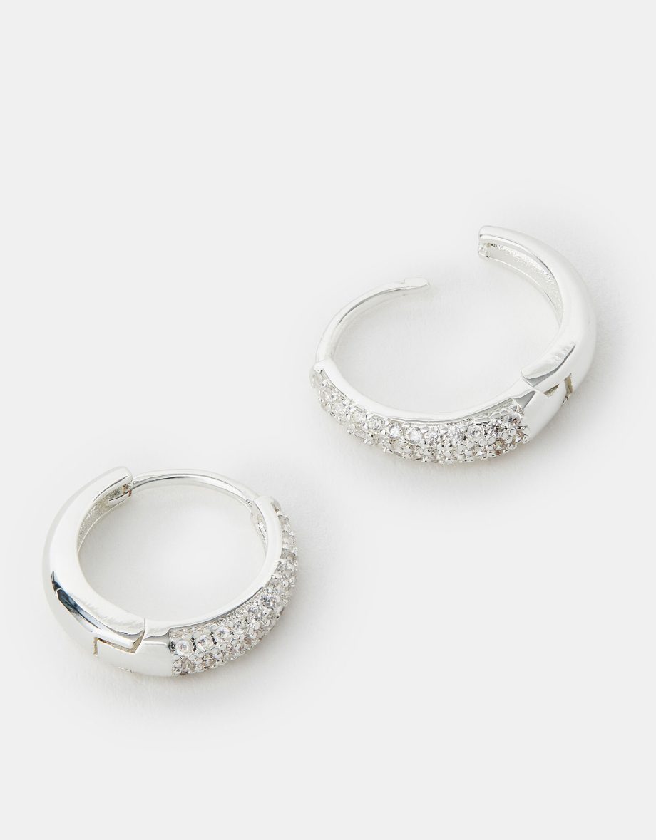 STERLING SILVER-PLATED DIAMANTÉ HUGGIE HOOP EARRINGS