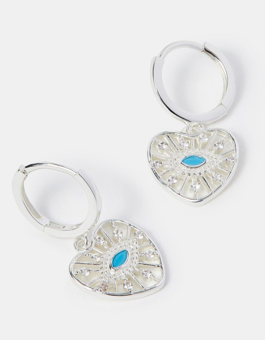 STERLING SILVER-PLATED EVIL EYE CHARM HOOP EARRINGS