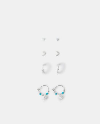 4-PACK STERLING SILVER-PLATED CELESTIAL STUD & HOOP EARRINGS