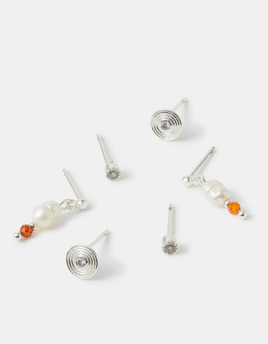 3-PACK STERLING SILVER-PLATED STUD & PEARL DROP EARRINGS