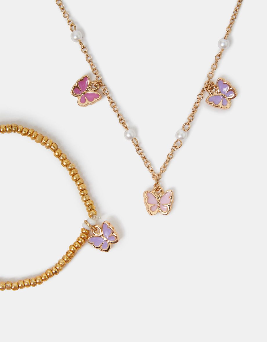 GIRLS BUTTERFLY CHARM NECKLACE AND BRACELET SET