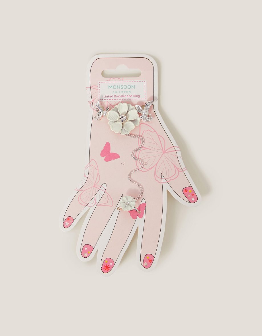 Diamante Flower Ring & Hand Chain White