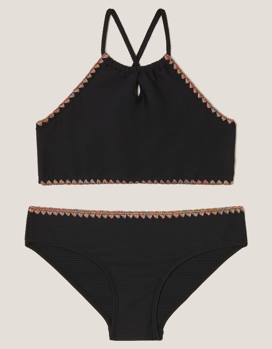 Rainbow stitch ribbed bikini set black