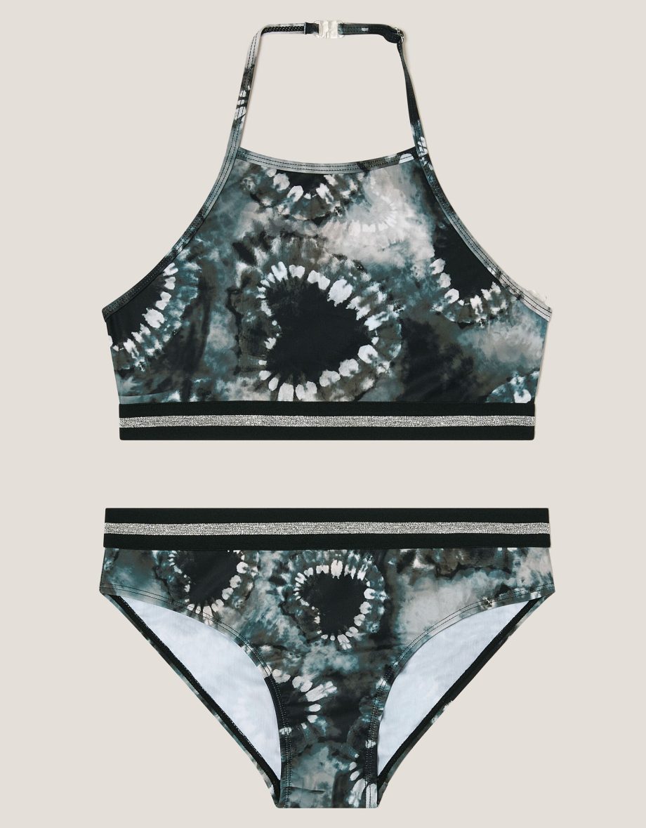 Heart tie-dye halter bralette bikini set black