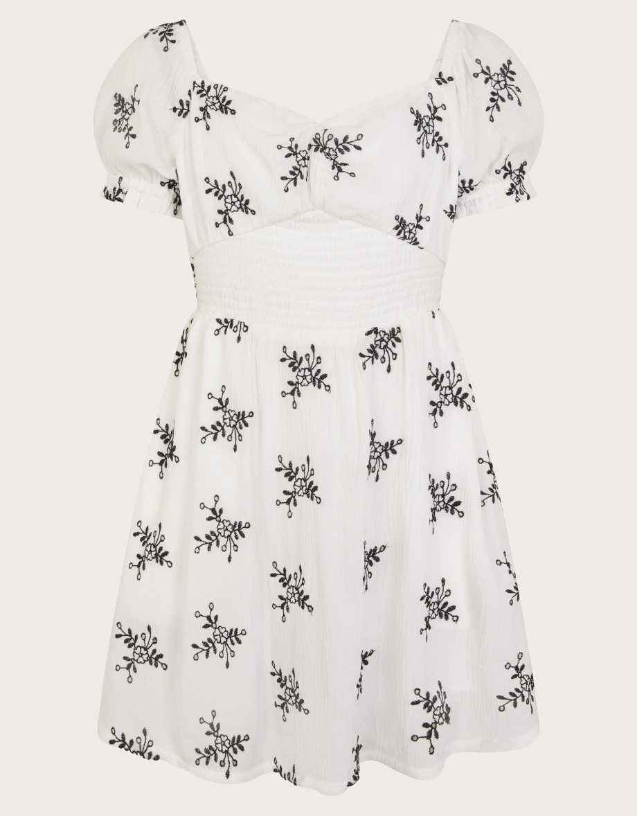Broderie floral puff sleeve dress white