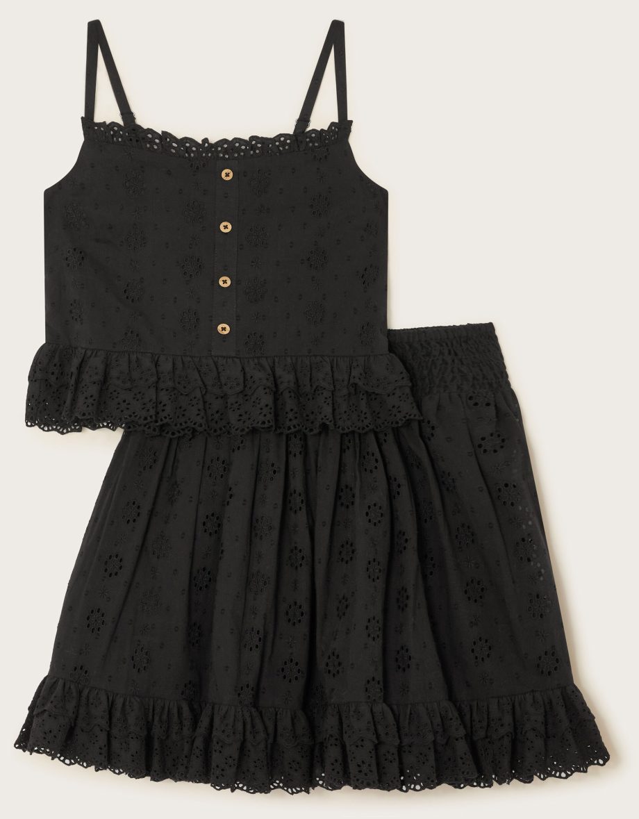 Floral Broderie Cami Top and Skirt Set Black