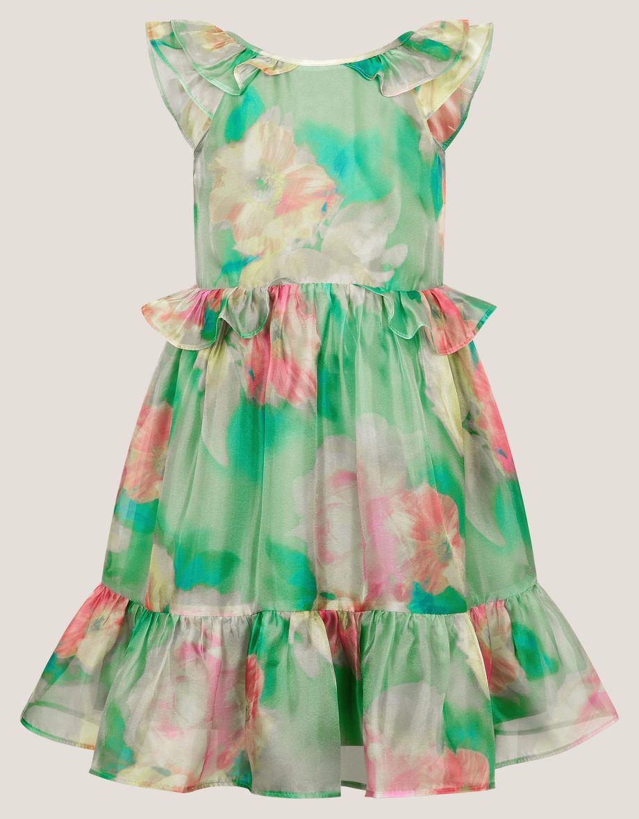 Blurry floral organza ruffle dress green