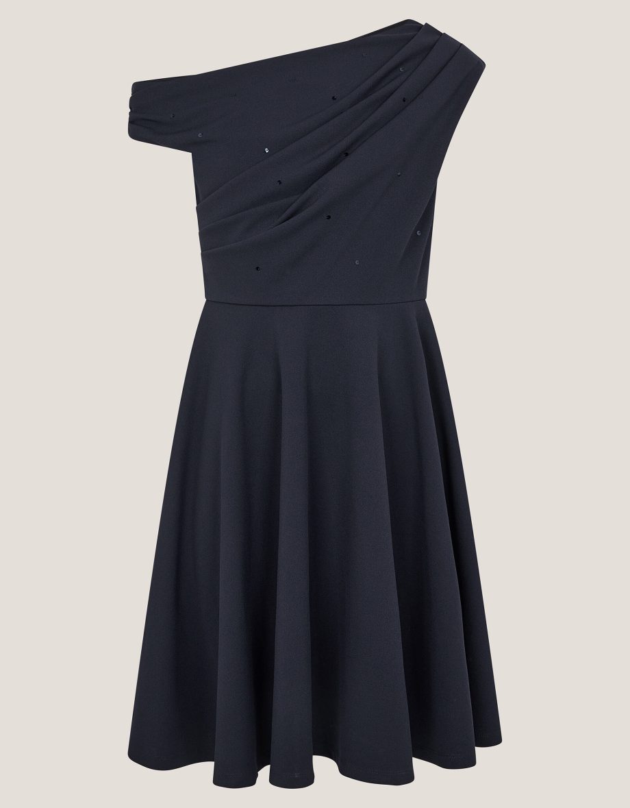 One-shoulder drape skater dress blue